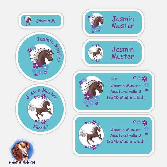 Adesivo Set - 24 Namensaufkleber Pferde Blumen türkis |  (Namensaufkleber Set für Kinder - Pony Blumen tuerkis - 24 teilig, personalisierbar )