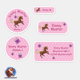 Adesivo Set - 24 Namensaufkleber Pferde Sterne rosa |