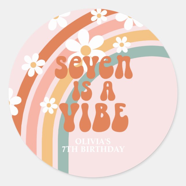 Adesivo Sete é um aniversário de 7 anos Vibe Retro arco-ír (Frente)