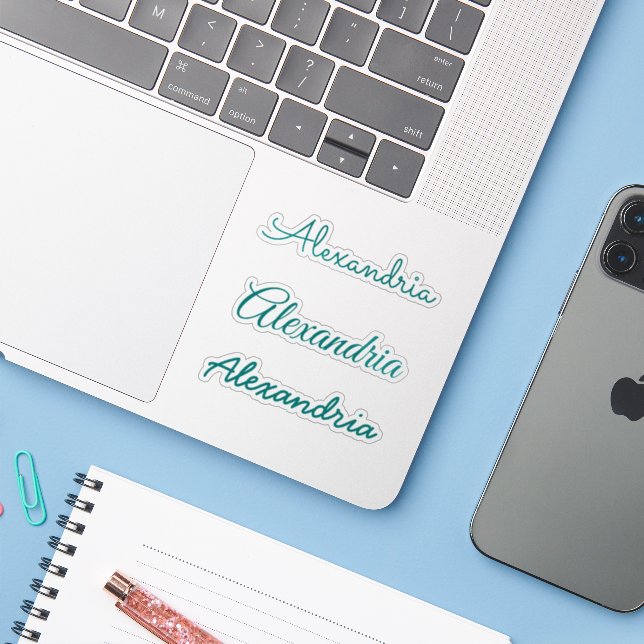 Adesivo Seu nome, Teal Manuscrito, Versões de Script (Notebook com iPhone)