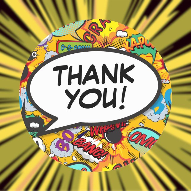 Adesivo Seu Obrigado Mensagem Discurso Diversão Comic (Your Thank You Message Speech Bubble Fun Comic Classic Round Sticker)