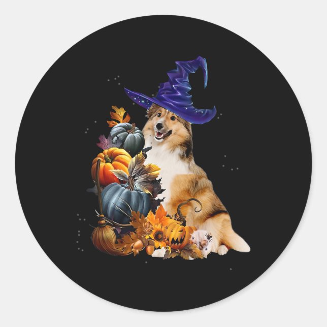 Adesivo Sheltie Dog Witch E Pumpkins Halloween Thanksgate (Frente)