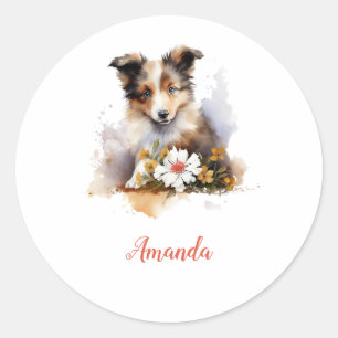 Adesivo Shetland Sheepdog Puppy Pet Watercolor Fllower