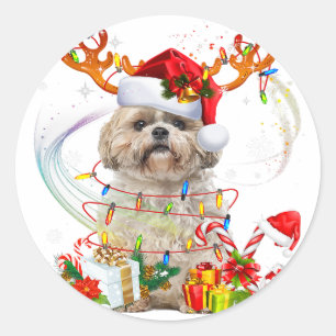 Adesivo Shih Tzu Christmas Reindeer   Luzes de Natal
