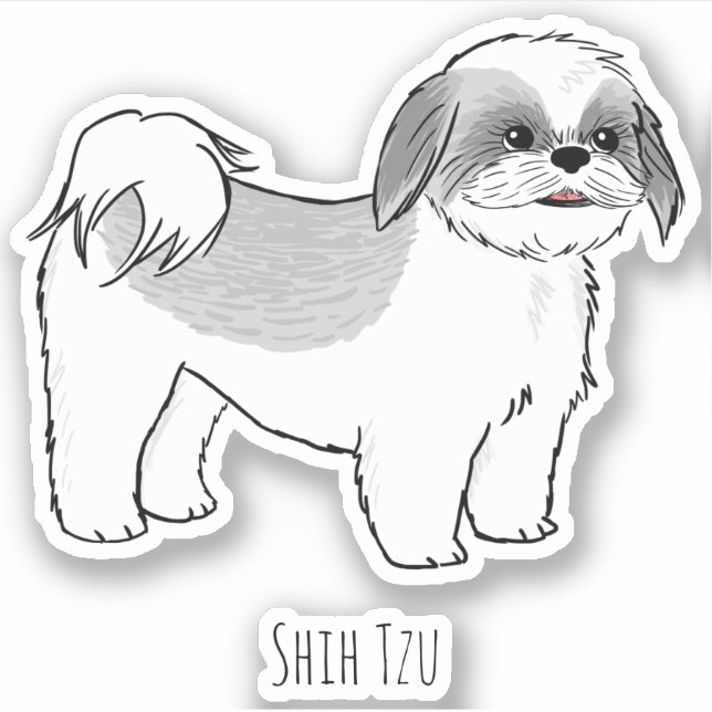 Adesivo Shih Tzu Cinza e desenho animado branco (Frente)