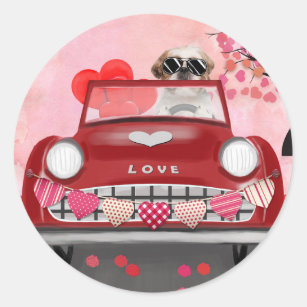 Adesivo Shih Tzu Cog Car com Namorados de Coração  