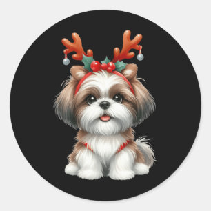 Adesivo Shih Tzu Reindeer Santa Hat Luzes de Natal