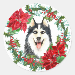 Adesivo Siberian Husky Poinsettia Holly Christmas Wreath