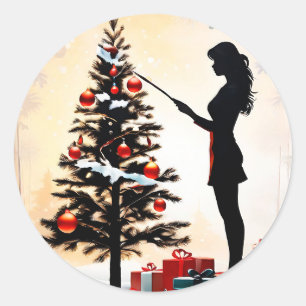 Adesivo Silhueta feminina com árvore de Natal decorada