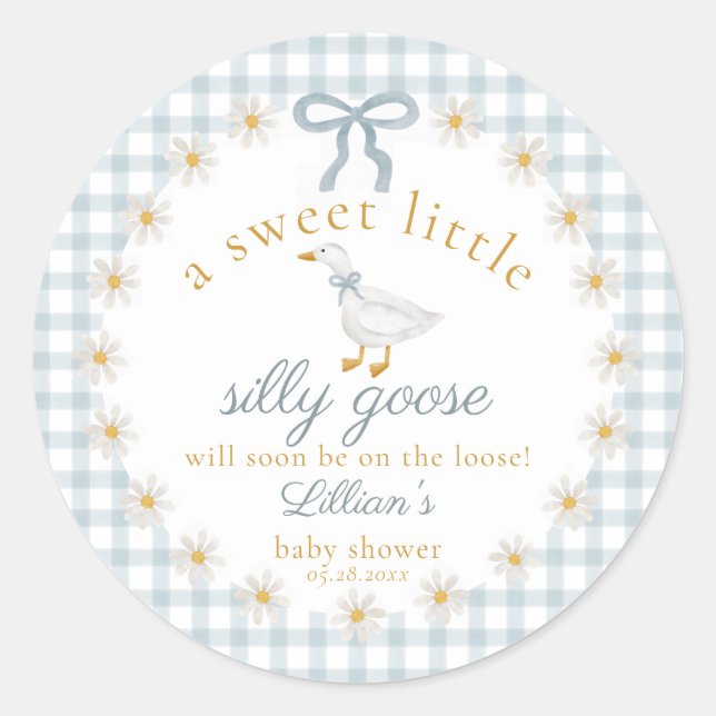 Adesivo Silly Goose Flower Bow Baby Shower Blue Gingham  (Frente)