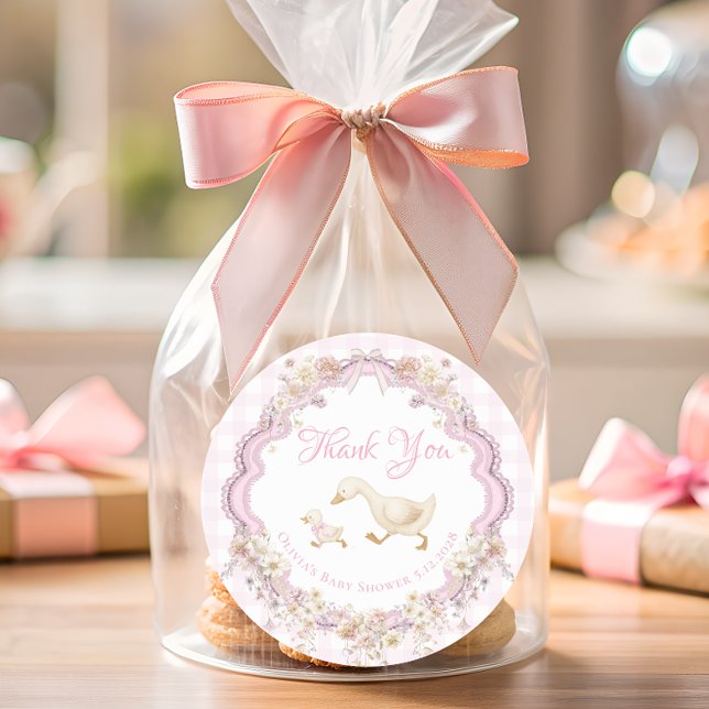 Adesivo Silly Goose Pink Gingham Baby Shower Thank You (Criador carregado)