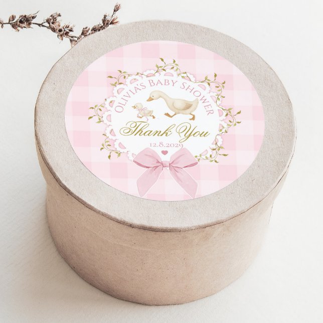 Adesivo Silly Goose Pink Gingham Bow Baby Shower Thank you (Criador carregado)