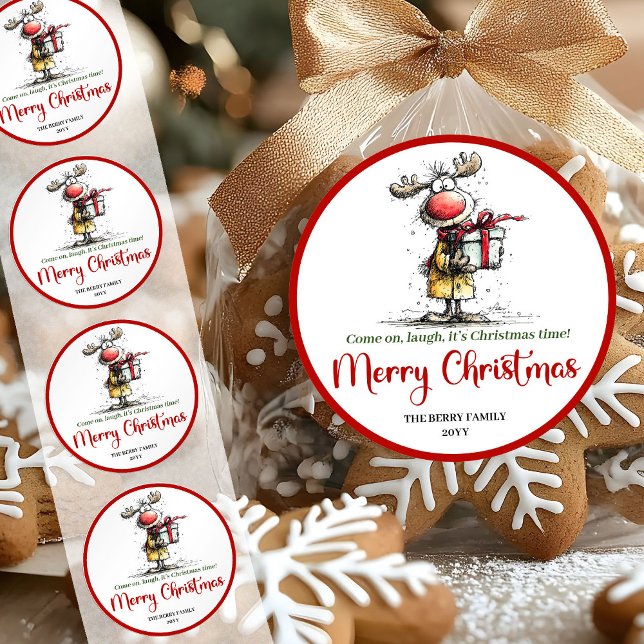 Adesivo Silly whimsical reindeer sticker funny deer charm (Whimsical quirky reindeer Christmas sticker design)