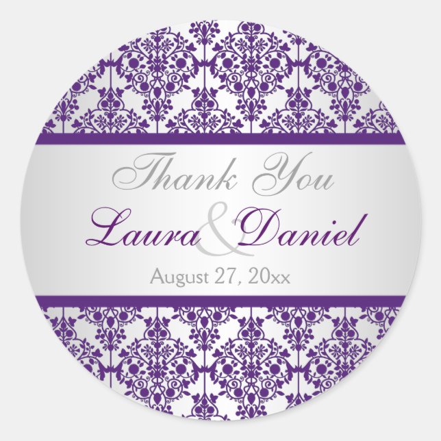 Adesivo Silver and Purple Damask 1,5" Obrigado Sticker (Frente)