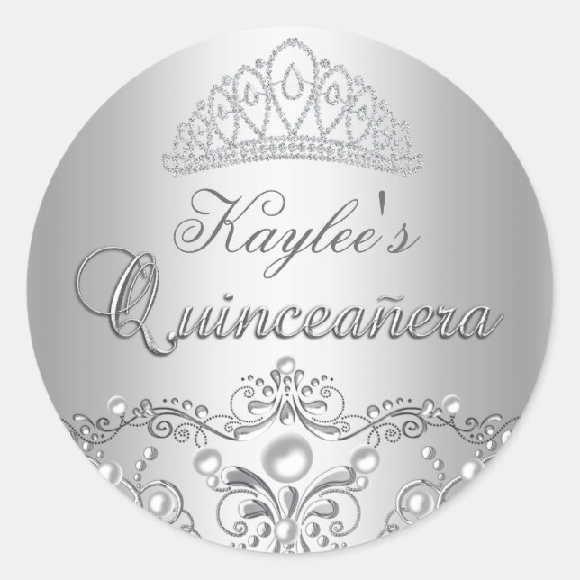 Adesivo Silver Damask Pearl Quinceanera Sticker (Frente)