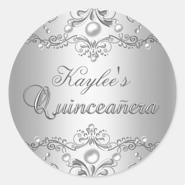 Adesivo Silver Damask Pearl Quinceanera Sticker (Frente)