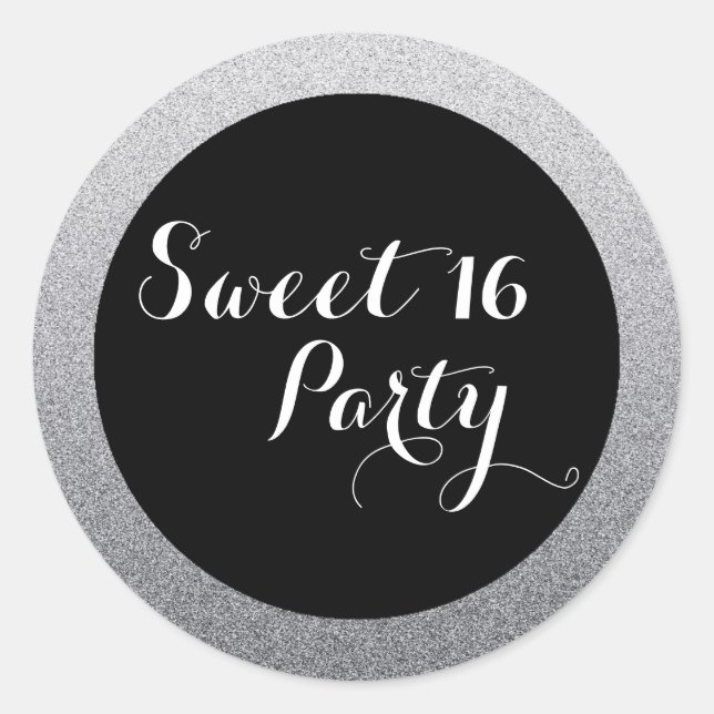 Adesivo Silver Faux Glitter Sweet 16 Favor Seal Sticker (Frente)