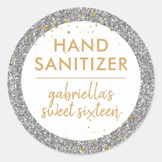 Adesivo Silver Glitter Hand Sanitizer Aniversário Favor (Frente)