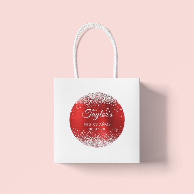 Adesivo Silver Glitter Red Foil Mis XV Anos Aniversário (Large Round Favor Stickers)