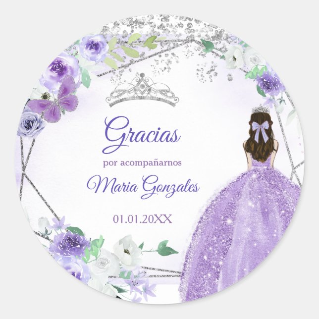 Adesivo Silver Purple Quinceañera Favor Obrigado Presente (Frente)