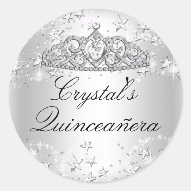 Adesivo Silver Sparkle Tiara & Stars Quinceanera Sticker (Frente)