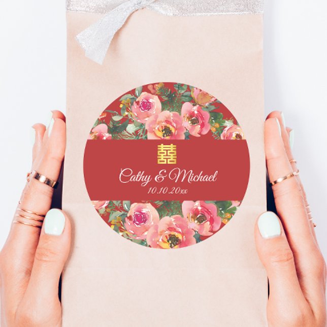 Adesivo Símbolo de dupla felicidade com fundo de flor rosa (Criador carregado)