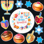 Adesivo Símbolos de Férias do Festival Feliz Hanukkah<br><div class="desc">Etiquetas de Chanukkah estão prontas. Feliz Feriado Judeu Menorah, Rosquinhas, Dreidel. Decoração de Chanukkah, Feriado Judeu, com o símbolo decorativo tradicional de Chanuka - Cartoon Colorido Hanukkiah menorah, candelabro com velas, Rosquinhas, estrela Wooden Dreidel (brinquedo giratório) de David e ilustração brilhante das luzes. Festa de Chanucá das Luzes Decoração do...</div>