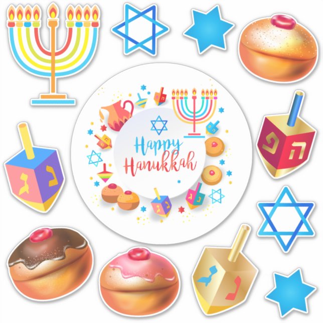 Adesivo Símbolos de Férias do Festival Feliz Hanukkah (Frente)