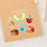 Adesivo Símbolos de Férias do Festival Feliz Hanukkah<br><div class="desc">Chanukkah rotula adesivos. Feliz Feriado Judeu Menorah, Rosquinhas, Dreidel. Decoração de Chanukkah, Feriado Judeu, com o símbolo decorativo tradicional de Chanuka - Cartoon Colorido Hanukkiah menorah, candelabro com velas, Rosquinhas, estrela Wooden Dreidel (brinquedo giratório) de David e ilustração brilhante das luzes. Festa de Chanucá das Luzes Decoração do Evento. Jerusalém,...</div>