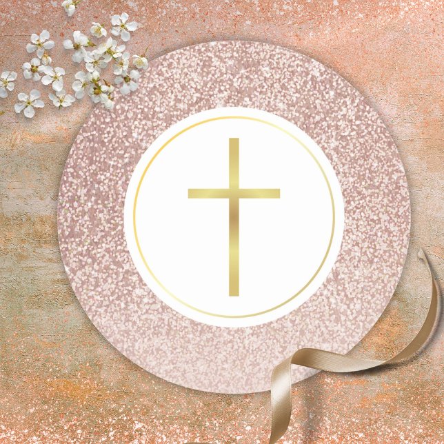 Adesivo Simple Cruz Dourada com Brilho em Rosa Dourado (Simple Gold Cross Rose Gold Glitter Classic Round Sticker)