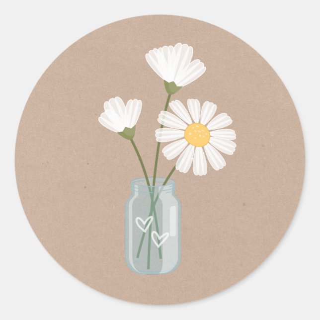 Adesivo Simple White Daisies Mason Jar Hearts Buquê (Frente)