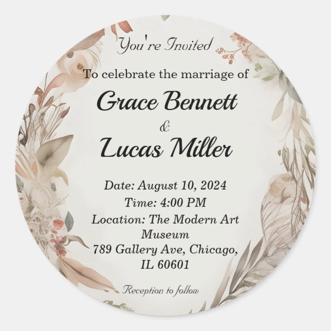 Adesivo Simples convite para casamento floral pintado (Frente)