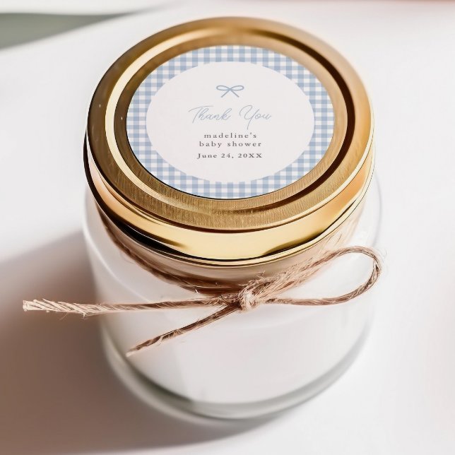 Adesivo Simples Dusty Blue Gingham Boys Chá de fraldas Fav (Dusty blue gingham baby shower favor thank you stickers.)