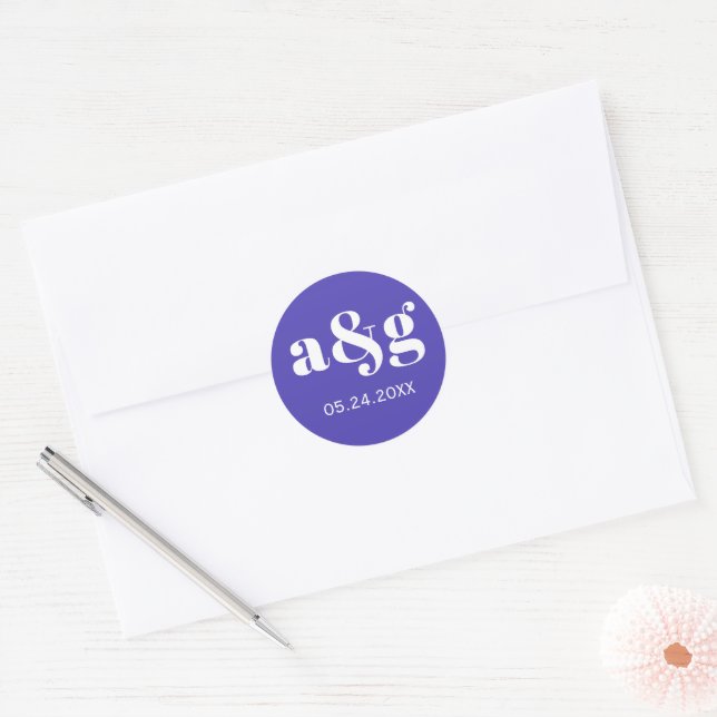 Adesivo Simples, elegante monograma, casamento azul roxo (Envelope)