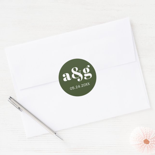 Adesivo Simples, elegante monograma, casamento verde escur (Envelope)