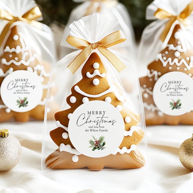 Adesivo Simples Elegante Verde de Natal Branco (Simple elegant 'Merry Christmas' sticker with personalised family name, pine leaves & berries motif)