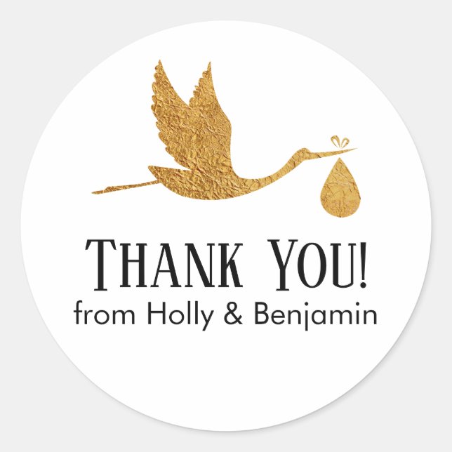 Adesivo Simples Faux Dourada Stork Obrigado! Chá de fralda (Frente)