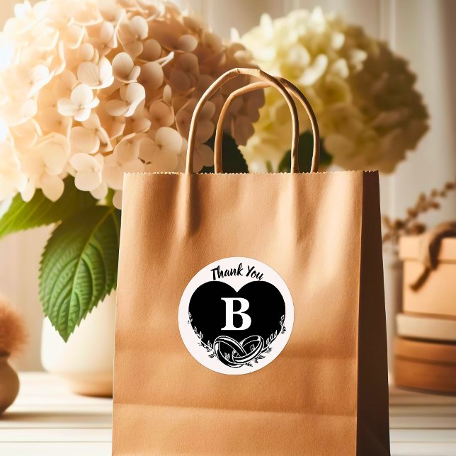 Adesivo Simples Letra B Folhagem Coração - Obrigado (Simple Letter B Heart Foliage Wedding Thank You Classic Round Sticker)