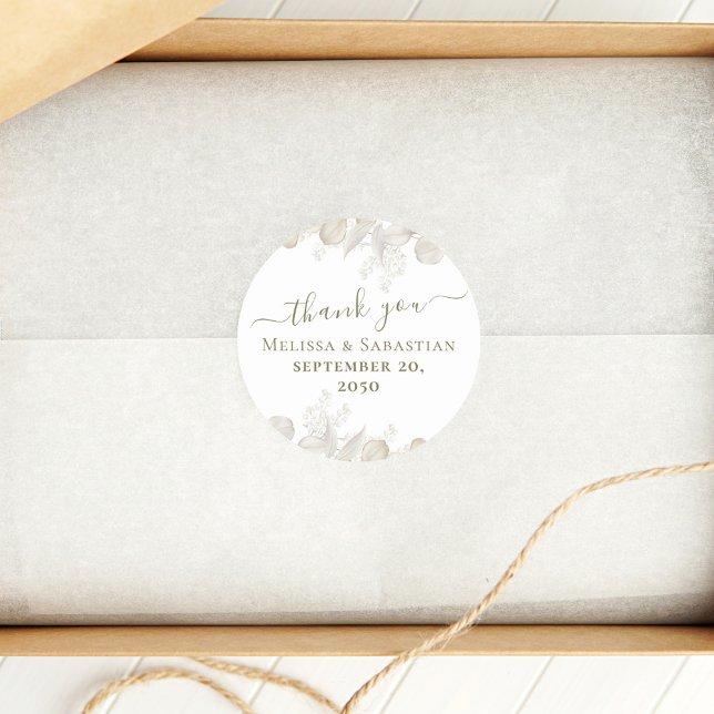 Adesivo Simples Obrigado Elegante Sage Green (Elegant wedding sage green favor sticker label with elegant greenery.)