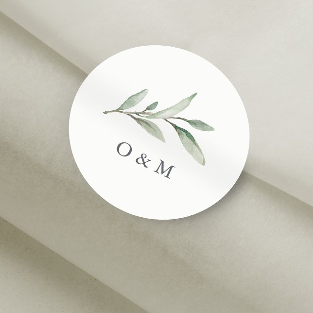 Adesivo Simples Watercolor Monograma verde (Simple Watercolor Greenery monogram Classic Round Sticker)