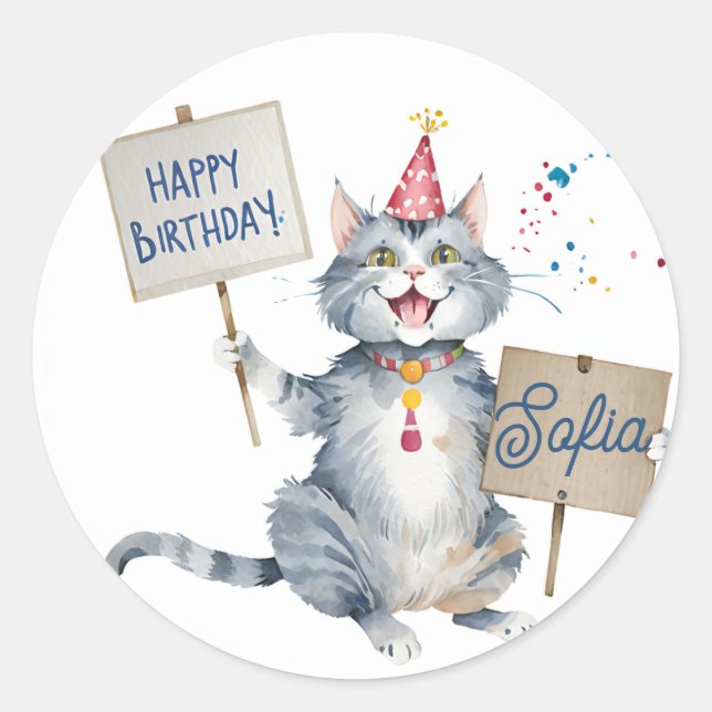 Adesivo Sinal de Aniversário de Gato de cinza - Aniversári (Frente)