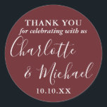 Adesivo Sinal rosa Rosewood Favor Do Casamento Obrigado<br><div class="desc">A assinatura rosa de Rosewood favorece o obrigado seu adesivo redondo clássico com nomes de estilo de assinatura. Personalize com seu obrigado especial suas informações em tipografia quic. Projetado por Thisnotme©</div>