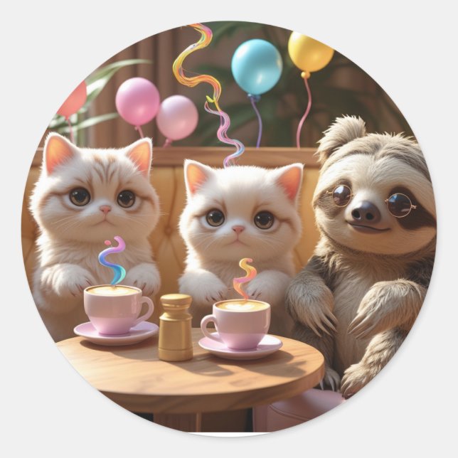 Adesivo Sippin’ Cuteness: Cat Café Vibes with a Cool Sloth (Frente)