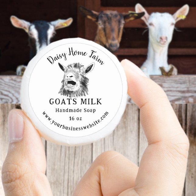 Adesivo Sítio Web da Goats Milk Soap (Goats milk soap black and white small business label with name website and screaming goat drawing)