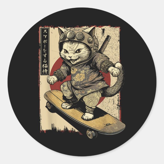 Adesivo Skateboard Samurai Cat Tattoo Kawaii Ninj (Frente)