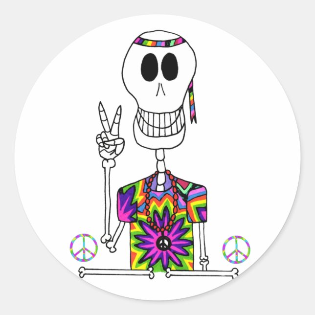 Adesivo Skeleton Bonito Hippie em Tie Dye com Sinal de Paz (Frente)