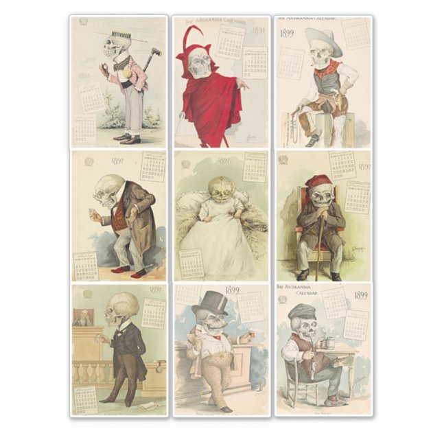 Adesivo Skeleton Skulls vintage 1800s calendário Art (Frente)