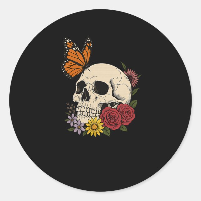 Adesivo Skulls Monarch Butterfly Flowers Halloween Men Wom (Frente)