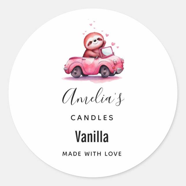 Adesivo Sloth Driving a Pink Convertible Candle Business (Frente)