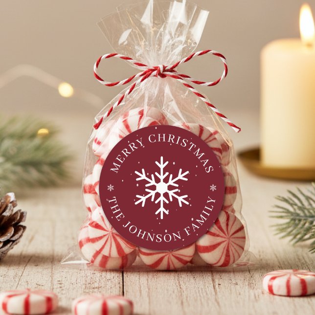 Adesivo Snowflake Merry Christmas Winter Holiday Dark Red (Snowflake Merry Christmas Winter Holiday Dark Red Classic Round Sticker
)